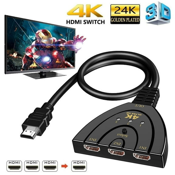 HDMI Switch 3 in 1 Out, 3-Port 4K HDMI Splitter Support Full HD 1080P 3D, Compatible with Roku, Fire TV Stick, Xbox, HDTV, PS4/PS5, Monitor, Projector, Ideal for Gaming, Streaming