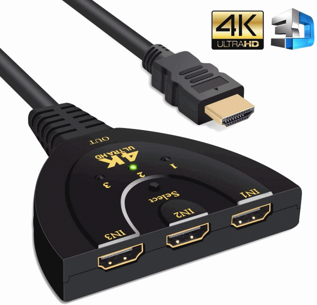 HDMI Switch,3 Port 4K HDMI Switch 3x1 Switch Splitter with Pigtail Cable Supports Full HD 4K