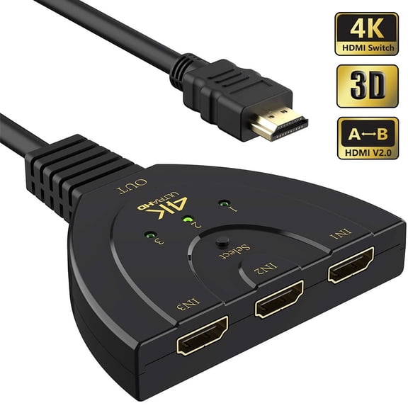 HDMI Switch 4K HDMI Splitter 3 in 1 Out, 3 Port HDMI Switcher Selector Box Supports Full HD 4K 30Hz 1080P 3D Player, Compatible with PS4/3, Xbox, Fire Stick, Roku, PC, TV