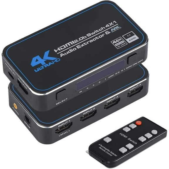 HDMI Switch 4x1 with Audio Extractor, AUBEAMTO 4K@60Hz Ultra HD HDMI Switcher with Optical TOSLINK SPDIF, 3.5mm Audio Support ARC Function, 3D, 1080P @120Hz, 4Kx2k @60Hz HDTV (IR Remote Control)