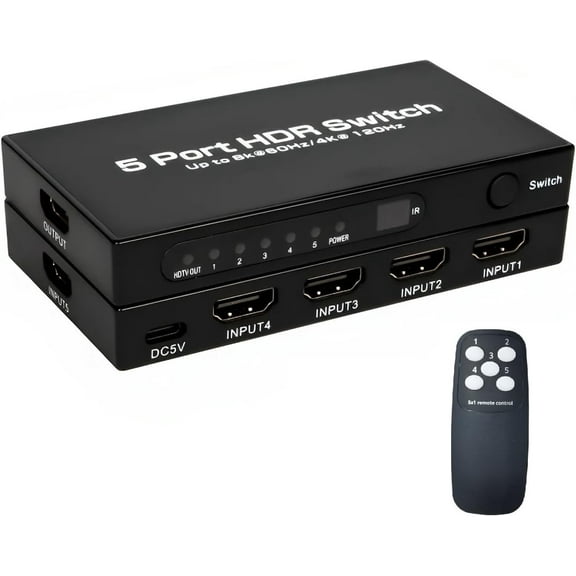 Zecamin Home HDMI Switch 5 in 1 Out 4K@60Hz, HDMI Splitter with Remote 5 Port Switcher Selector Box Support 3D CEC HDR HDCP2.2 Compatible with PS5/4/3 Xbox Nintendo Switch Roku TV Fire Stick Black