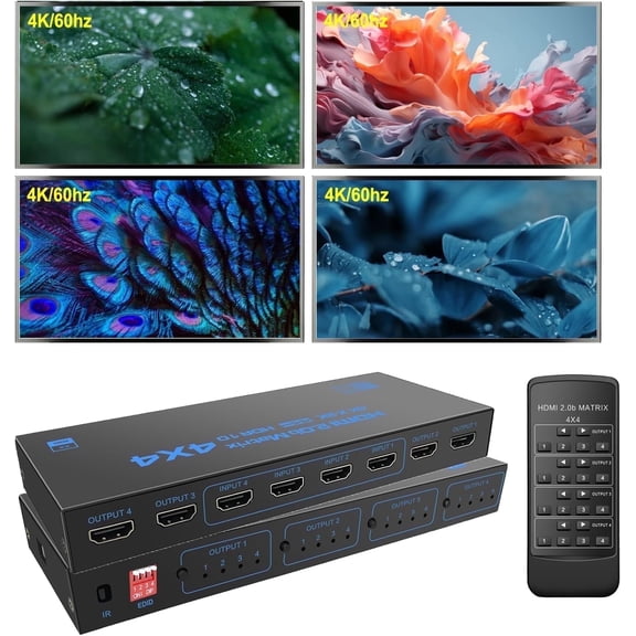 4x4 Matrix HDMI Switch 4K@60Hz, HDMI Splitter 4 in 4 Out with Multiple Ports & Stable Signal, Remote & Button Control, HDMI 1.4 1080P 3D for PS4 PC Camera