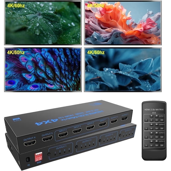 4x4 HDMI Matrix Switch, 4K@60Hz HDMI 2.0b, 4 In 4 Out, 16 EDID Modes, IR Remote & Button Control for TV, Monitor, Projector