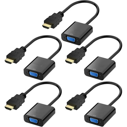 HDMI to VGA, 5 Pack, Gold-Plated HDMI to VGA Adapter (Male to Female) for Computer, Desktop, Laptop, PC, Monitor, Projector, HDTV, Chromebook, Raspberry Pi, Roku and More - Black
