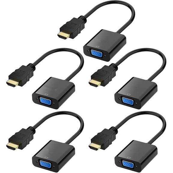 HDMI to VGA, 5 Pack, Gold-Plated HDMI to VGA Adapter (Male to Female) for Computer, Desktop, Laptop, PC, Monitor, Projector, HDTV, Chromebook, Raspberry Pi, Roku and More - Black