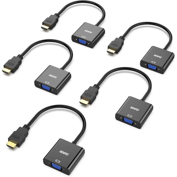 HDMI to VGA, 5 Pack, Gold-Plated HDMI to VGA Adapter (Male to Female) for Computer, Desktop, Laptop, PC, Monitor, Projector, HDTV, Chromebook, Raspberry Pi, Roku, Xbox and More - Black