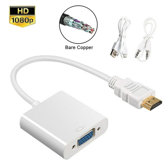 HDMI to VGA with Audio Adapter, Gold-Plated 1080P Active HDMI to VGA Adapter Video Converter Male to Female with Micro USB and 3.5mm Audio Port Cable for PC/Laptop/DVD White