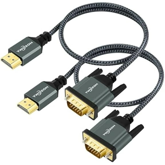 HDMI to VGA Cable 6.6FT 2 Pack. Aluminum Alloy Shell Nylon Braided & Gold-Plated HDMI VGA Support 1080P/60HZ for Desktop, Laptop, PC, Monitor, Projector, HDTV