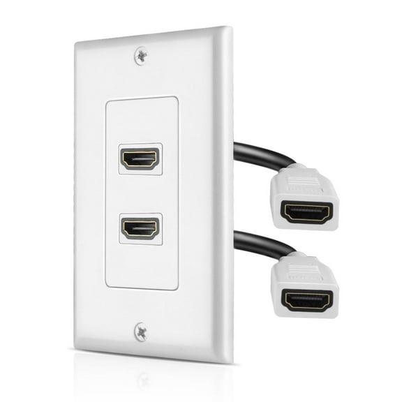 HDMI Wall Plate - Dual (2 Port) HDMI Socket Plug Jack Outlet Decorative Face Cover Mount Panel with 4K UHD ARC/eARC Ethernet Pass-Thru Support Flexible High Speed Extension Pigtail Coupler Cable