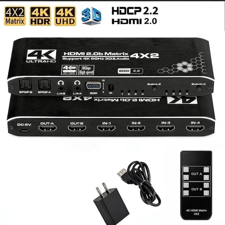 HDMI Matrix 4x2 Switcher Ultra HD 4 in 2 Out Adapter, Ultra HD 4K@60Hz HDR HDCP 2.2 Adapter for Home Theater Xbox Dual Monitor Home TV with Optical L/R Audio Out
