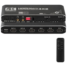 HDMI Matrix Switch 4x2, 4K@60Hz HDMI 2.0 Switcher with Audio Extractor, ARC, EDID, HDR, HDCP 2.2, Optical & 3.5mm Output, IR Remote for PS5 Xbox PC TV