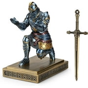 HDMbigmi King's Guard Knight Pen Holder Pen Stand Desk Organizers and Accessories Resin Pencil Holder as Gift with a Metal Sword Letter Opener for Office and Home (Blue)