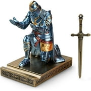 HDMbigmi King's Guard Leader Cloak Warrior Pen Holder Mobile Phone Stand, Resin Pen Stand Paperweight with a Metal Sword Letter Opener for Office and Home (Blue)