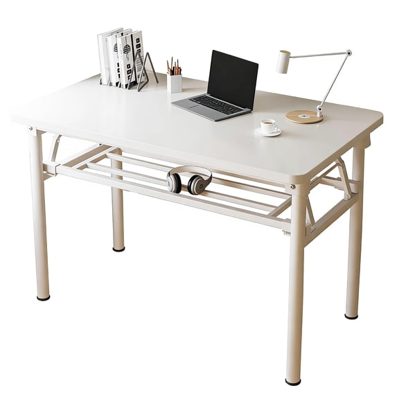 HDOFM 31.5 Inch Folding Computer Desk - Portable Activity Table Conference Table Home Office Desk, Attached storage rack,No Assembly,Teak