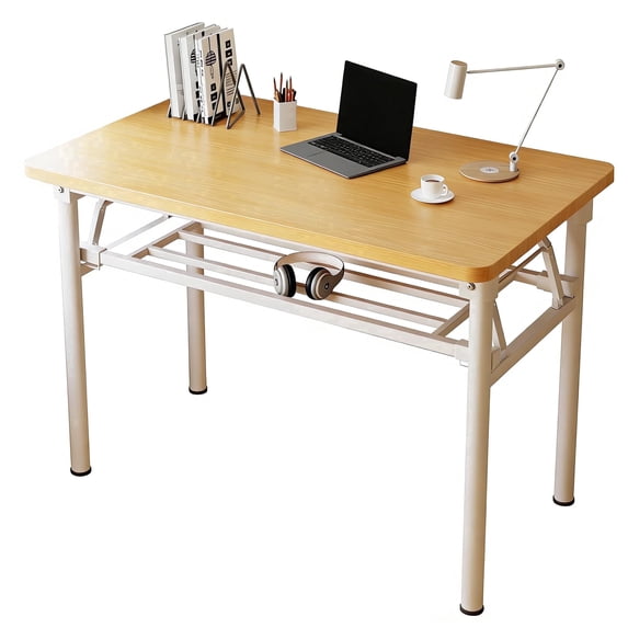 HDOFM 39.4 Inch Folding Computer Desk - Portable Activity Table Conference Table Home Office Desk, Attached storage rack,No Assembly,Teak