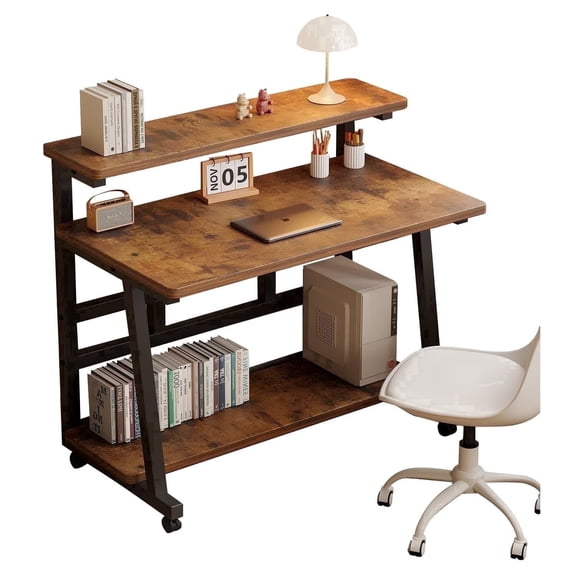 HDOFM 31.5 Inch Small Computer Desk for Small Space, Rolling Office Desk with Monitor Stand, Student Study Writing Desk for Bedroom