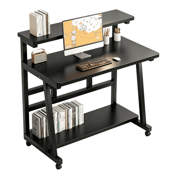HDOFM 39.4 Inch Small Computer Desk for Small Space, Rolling Office Desk with Monitor Stand, Student Study Writing Desk for Bedroom