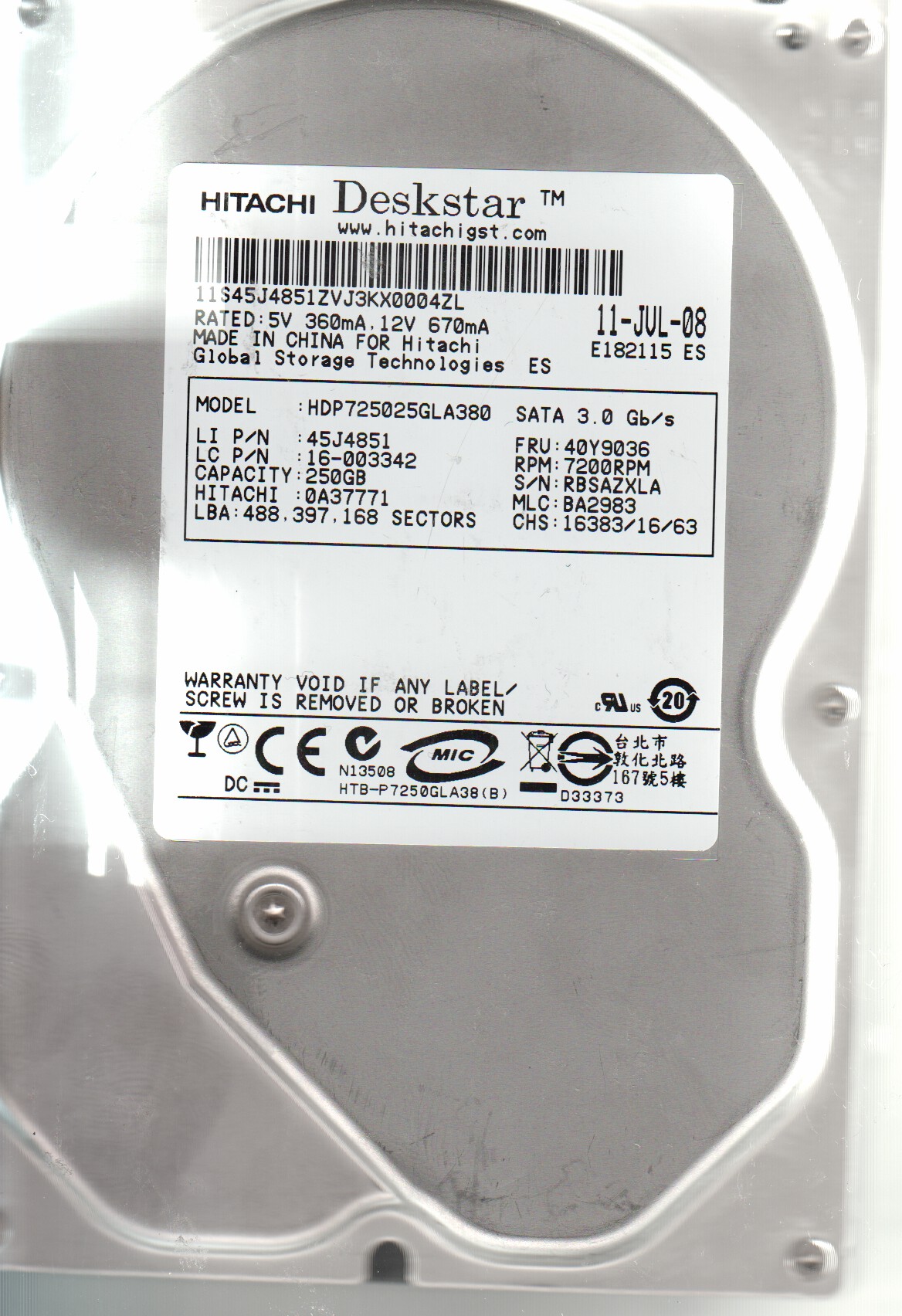 Hitachi hdp725025gla380?P/N : 0?a36885?MLC : ba2904?250?GB Hitachi HDP725025GLA380 P⁄N: 0A37771 MLC: BA2783 250GB