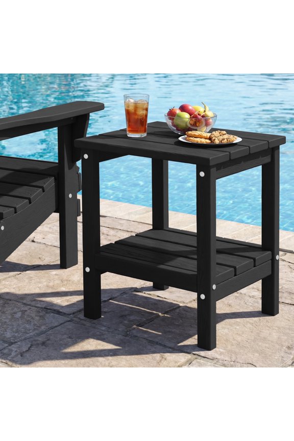 HDPE 2-Layer End Table for Living Room, Outdoor Side Table, Patio Small End Table, Black