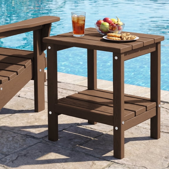 FUNDAZE HDPE 2-Layer End Table for Living Room, Outdoor Side Table, Patio Small End Table, Brown