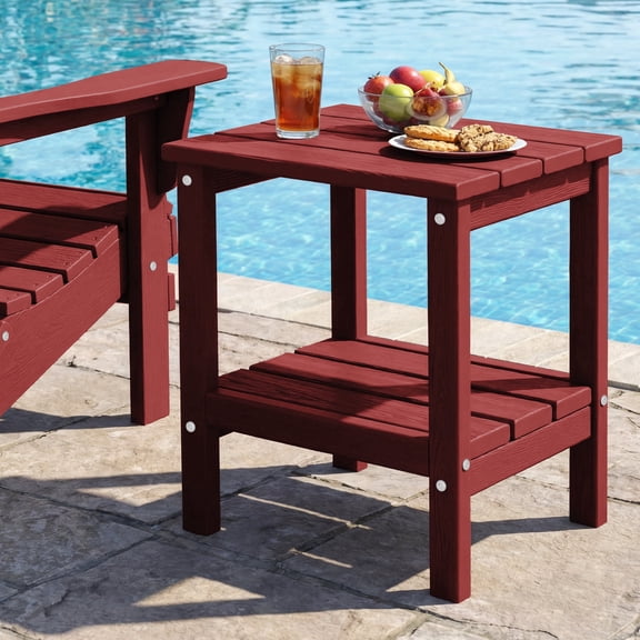 FUNDAZE HDPE 2-Layer End Table for Living Room, Outdoor Side Table, Patio Small End Table, Dark Red