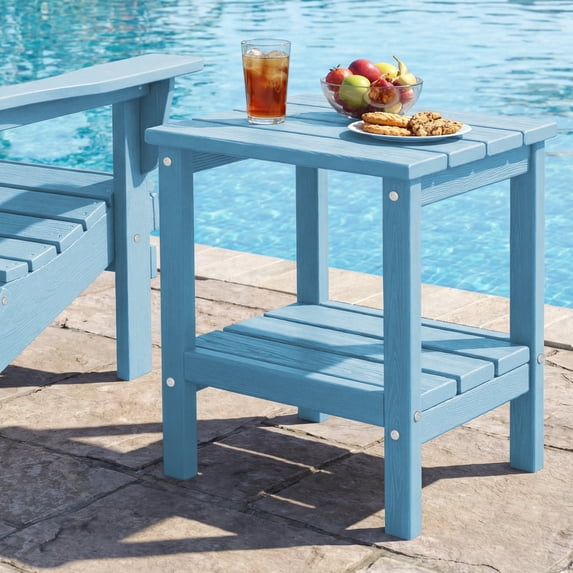 FUNDAZE HDPE 2-Layer End Table for Living Room, Outdoor Side Table, Patio Small End Table, Light Blue