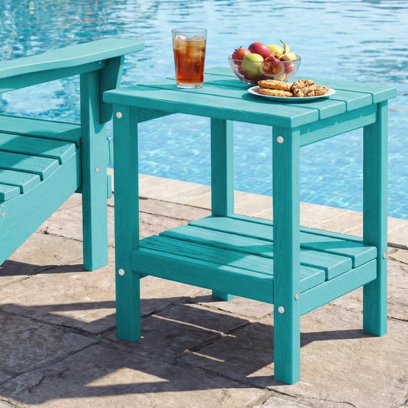 FUNDAZE HDPE 2-Layer End Table for Living Room, Outdoor Side Table, Patio Small End Table, Turquoise