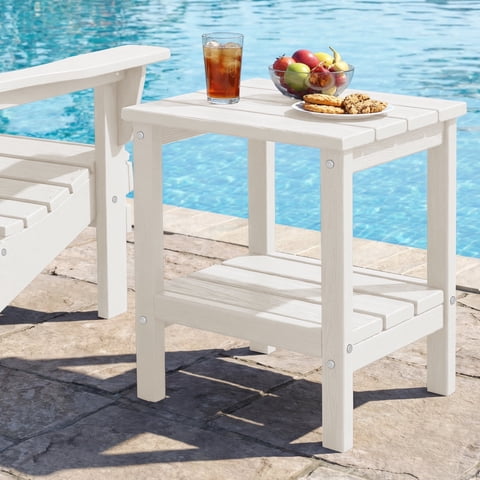 FUNDAZE HDPE 2-Layer End Table for Living Room, Outdoor Side Table, Patio Small End Table, White