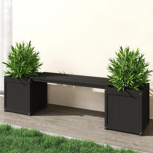 HDPE 2-in-1 Outdoor Bench with Flower Boxes, Open-Bottom Planter, Garden Patio Seating, 71 in W, Black