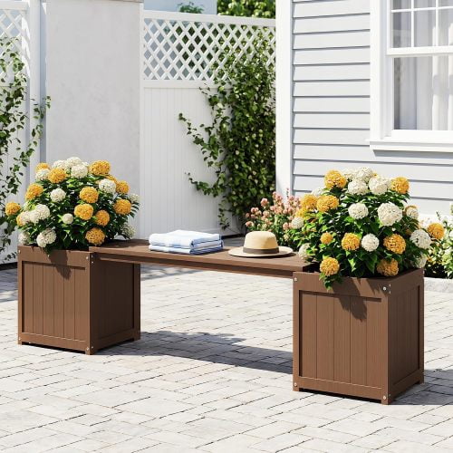 HDPE 2-in-1 Outdoor Bench with Flower Boxes, Open-Bottom Planter, Garden Patio Seating, 71 in W, Brown
