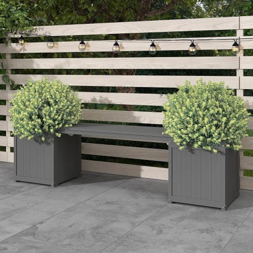 HDPE 2-in-1 Outdoor Bench with Flower Boxes, Open-Bottom Planter, Garden Patio Seating, 71 in W, Grey