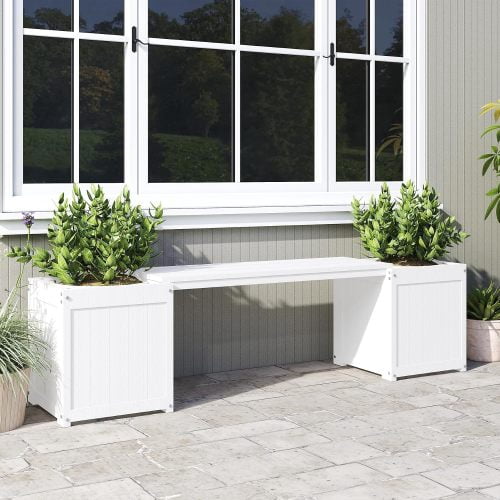 HDPE 2-in-1 Outdoor Bench with Flower Boxes, Open-Bottom Planter, Garden Patio Seating, 71 in W, White