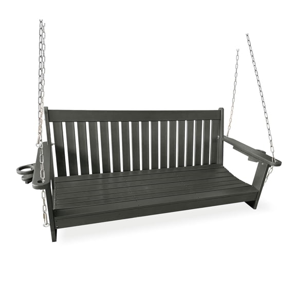 HDPE 3-Seater Porch Swing, 5-ft Bench Swing with Foldable Cup Holders,18/8 Stainless Steel Hardware, High Backrest and Deep Contoured Seat (Grey, 5-feet)