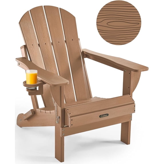 Folding Adirondack Chair, All-Weather HDPE Fire Pit Patio Chair, Teak
