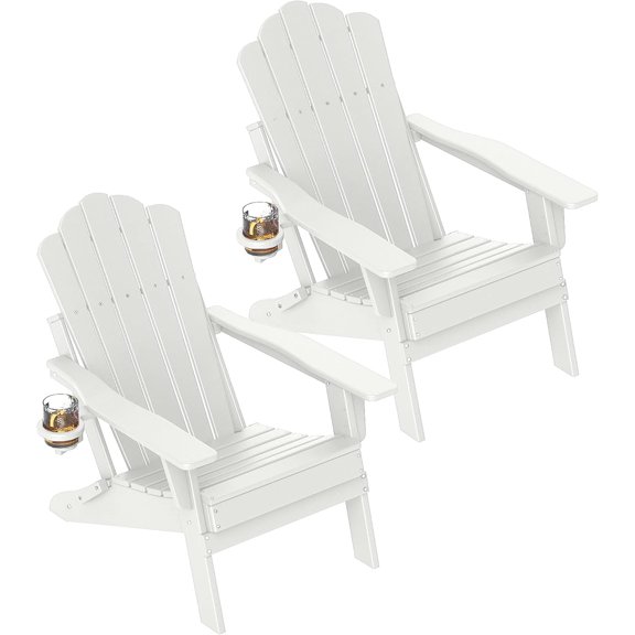 HDPE Adjustable Adirondack Chair Set of 2, 400lbs Heavy Duty Folding Patio Chairs with Cup Holder, 3 - Position Reclining Fire Pit Seating, All-Weather Poly Lumber for Backyard, Deck - White
