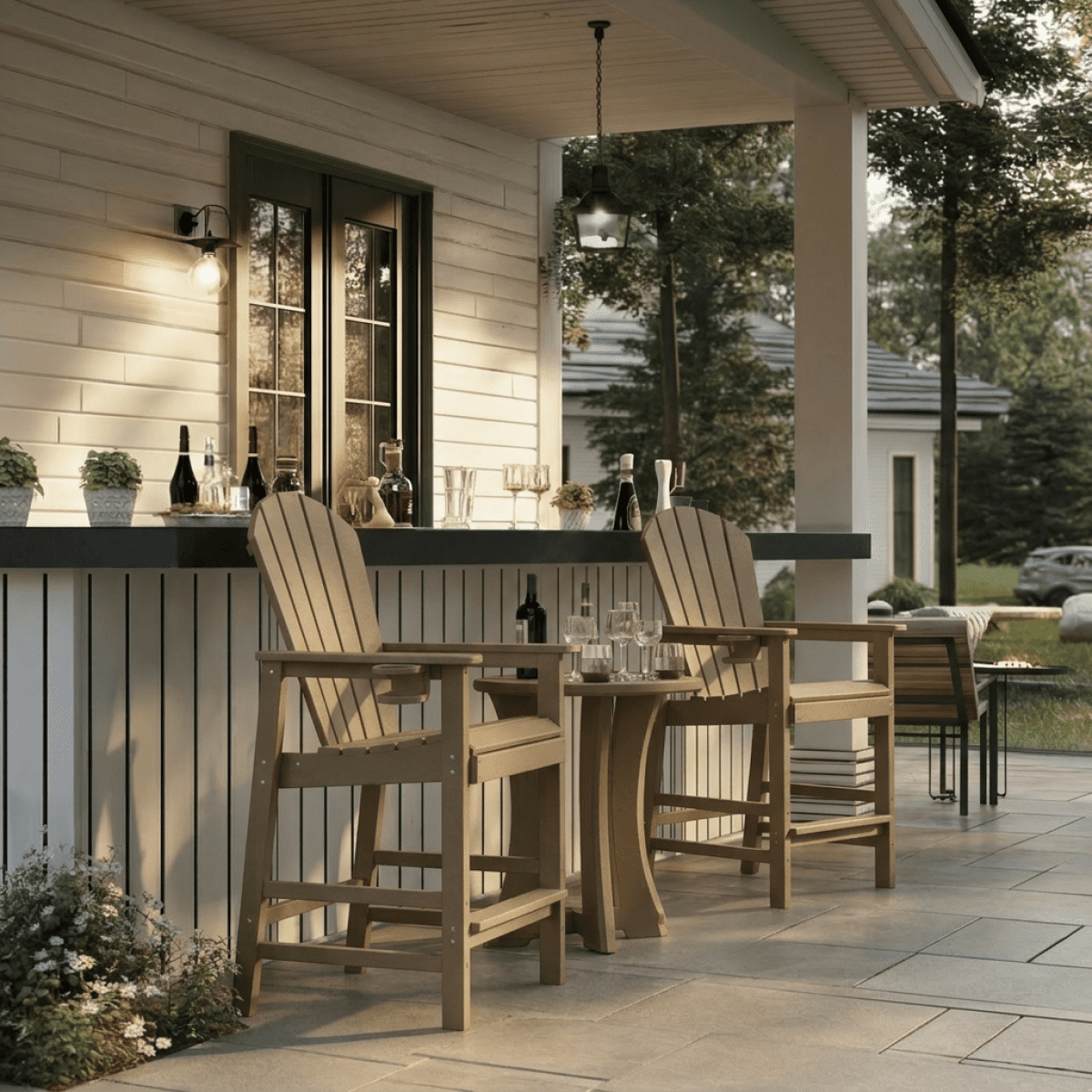 HDPE Bar Height Adirondack Chair All-Weather Outdoor Patio Chair with Cup Holder (Weathered Wood)