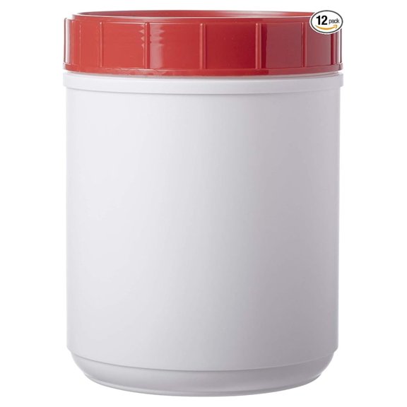 HDPE Canisters with Red Lids - 60 oz White Plastic Containers 12 Pack - Food Safe Powder & Chemical Storage - Leakproof Screw Top - Industrial & Home Use