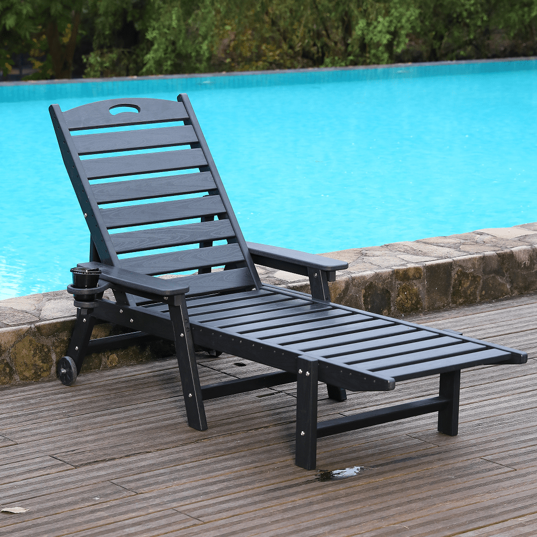 HDPE Chaise Lounge Chair, Outdoor Pool Lounge Chairs with 4-Position Adjustable Backrest, Supports Up to 360 LBS for Patio Poolside Deck Beach Backyard (Black)