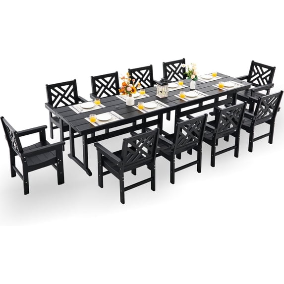 HDPE Dining Table Set for 10,12-Piece Outdoor Table and Chairs Include 10 Dining Chairs and 2 Pcs 62.5" Patio Dining Table with Umbrella Hole (Black)