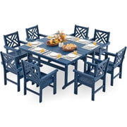 HDPE Dining Table Set for 8,10-Piece Outdoor Table and Chairs Include 8 Dining Chairs and 2 Pcs 62.5" Patio Dining Table with Umbrella Hole Blue