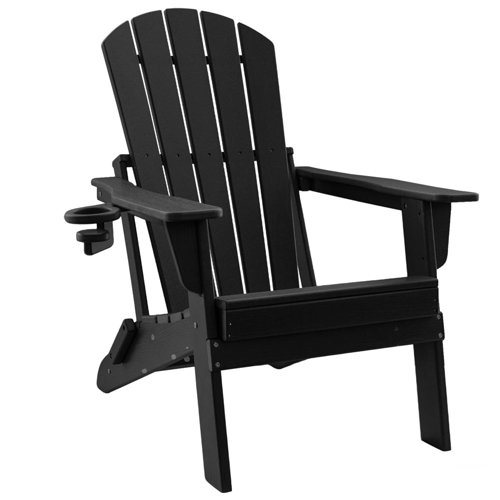 HDPE Folding Adirondack Chair with Cup Holder,Weather-Resistant, Low Maintenance,Supports up to 400lbs,Black