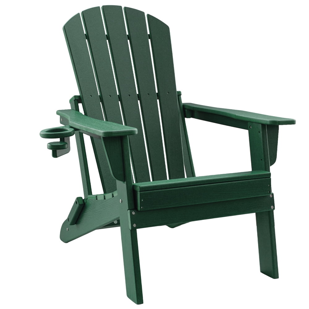 HDPE Folding Adirondack Chair with Cup Holder,Weather-Resistant, Low Maintenance,Supports up to 400lbs,Green
