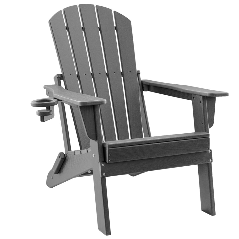 HDPE Folding Adirondack Chair with Cup Holder,Weather-Resistant, Low Maintenance,Supports up to 400lbs,Grey