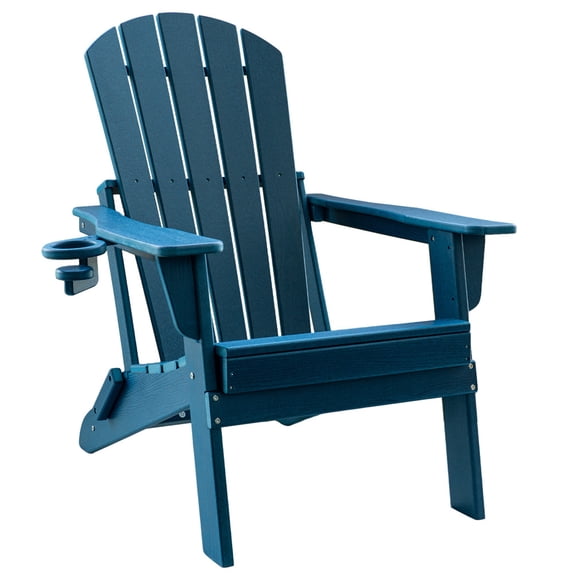 HDPE Folding Adirondack Chair with Cup Holder,Weather-Resistant, Low Maintenance,Supports up to 400lbs,Navy Blue