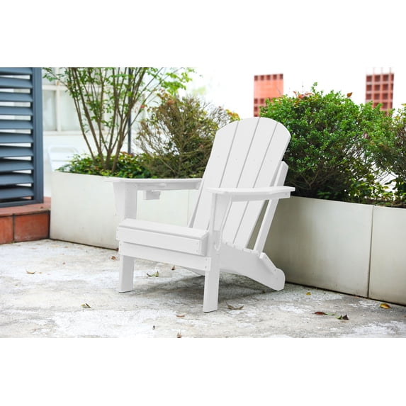 HDPE Folding Adirondack Chair with Dual Cup Holder - All-Season Durable Outdoor Seating with Composite Wood Texture & Easy Storage - White