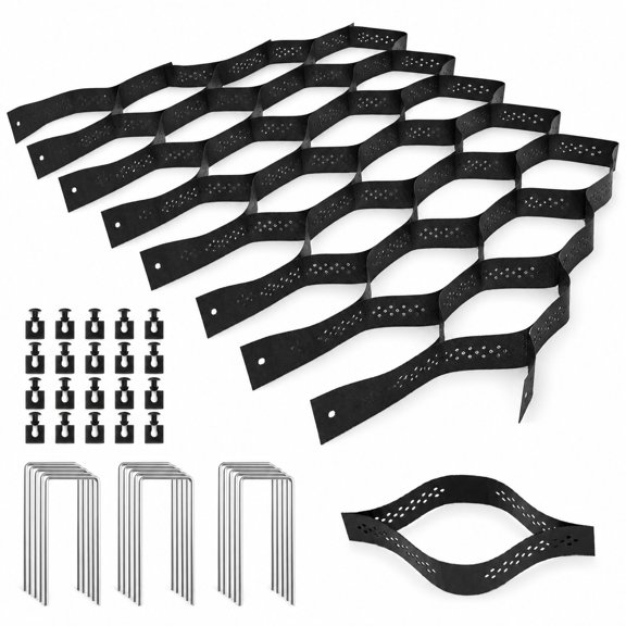 HDPE Geogrid Ground Stabilization System, 9.8 x 16.4 ft, 2" Depth, Black, with Metal Stakes for Driveway, Patio and Erosion Control