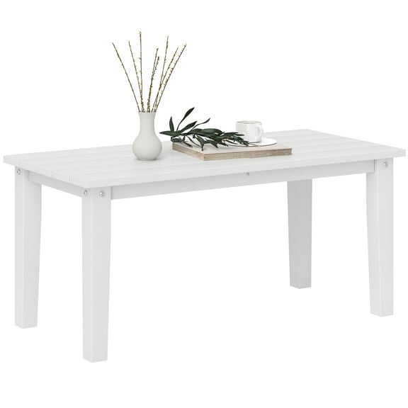 HDPE Outdoor Coffee Table, Rectangle Slatted Patio Table, All-Weather Plastic Deck Table, Quick-Dry Outdoor Side Table for Backyard, Porch, Balcony-White