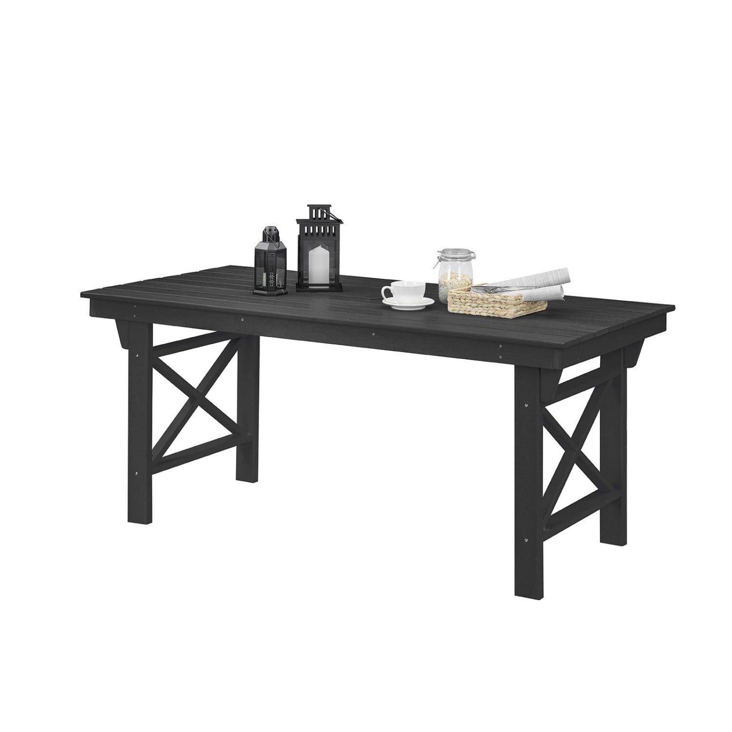 HDPE Outdoor Dining Table for 6, 66.9" Rectangular Patio Dining Table with 2.2" Umbrella Hole, All-Weather Outdoor Table for Backyard, Deck, Garden, Poolside, Obsidian