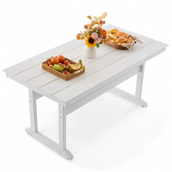 HDPE Outdoor Dining Table,62.5" All-Weather Rectangular Table with 2" Umbrella Hole for Patio Lawn Garden Backyard,White