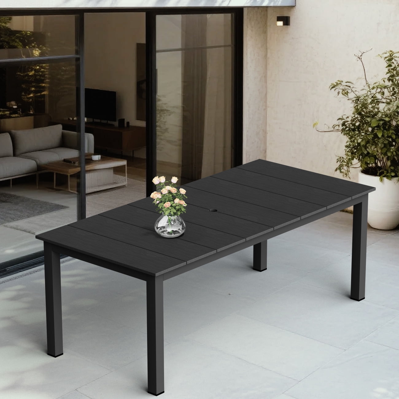 HDPE Outdoor Dining Table, 75" Rectangle Patio Dining Table with 2 ...